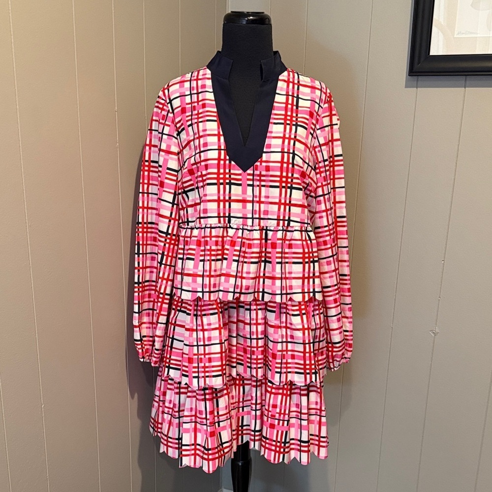 Sail To Sable Red Pink And White V Neck Layered Preppy Plaid Midi Dress